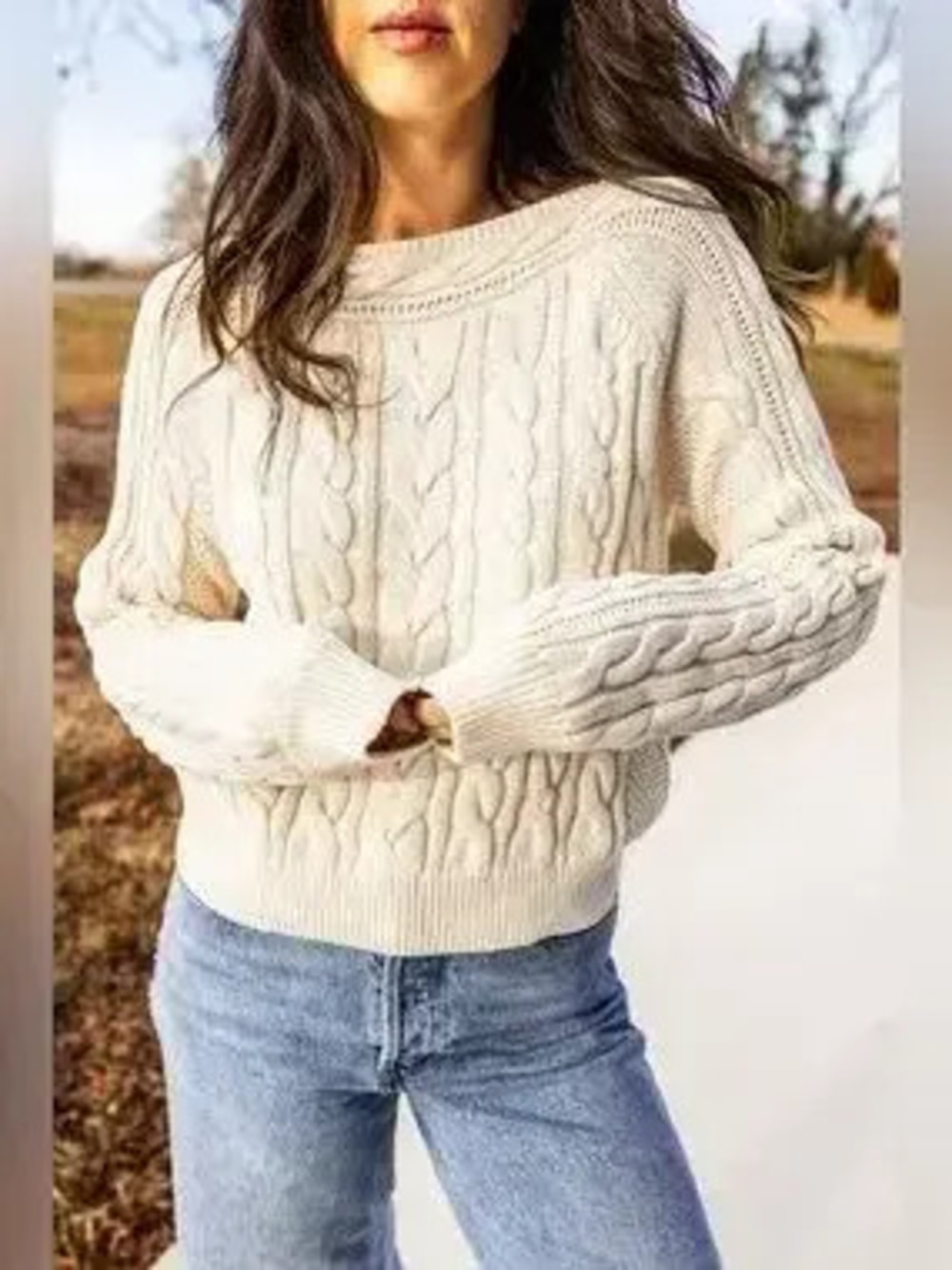 Drop Shoulder Round Neck Cable Knit Sweater - Picture 6 of 9